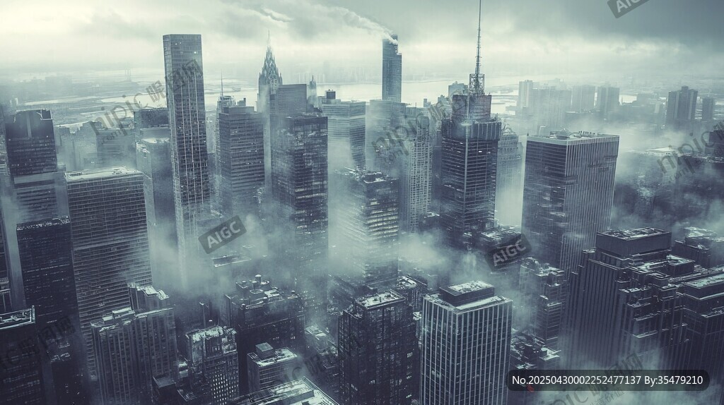 霧中都市高樓景觀