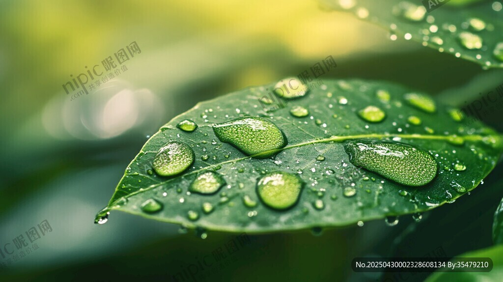 綠葉上晶瑩的水滴