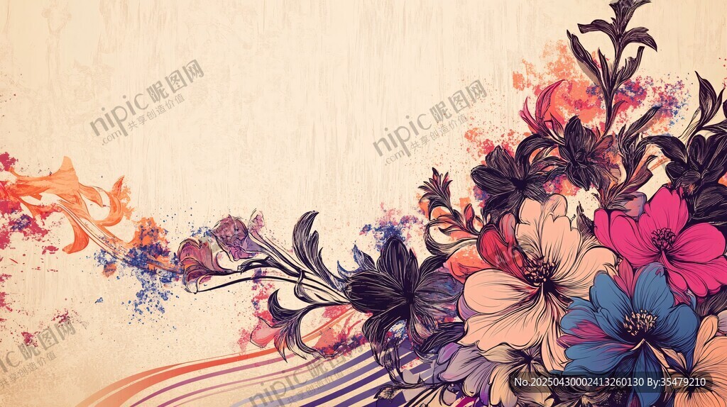 復古風多彩花卉藝術插畫