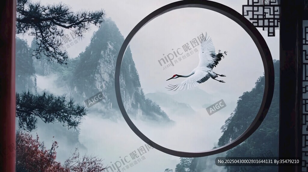 圓窗映鶴山水詩意景