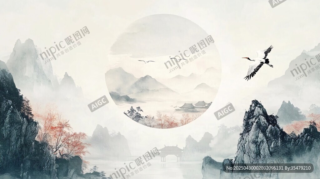 水墨山水間飛鳥(niǎo)伴月景