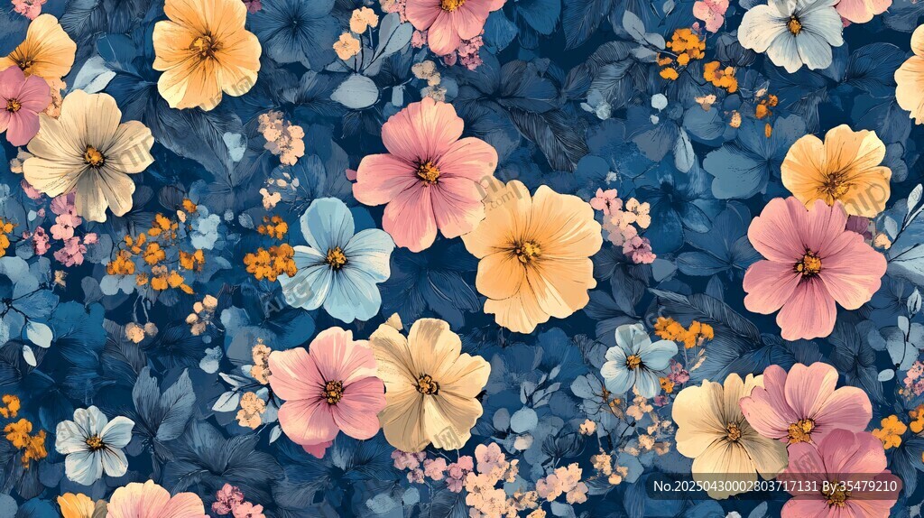 藍(lán)色底繽紛花卉圖案