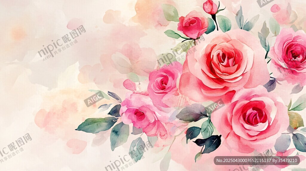 浪漫水彩玫瑰花卉插畫