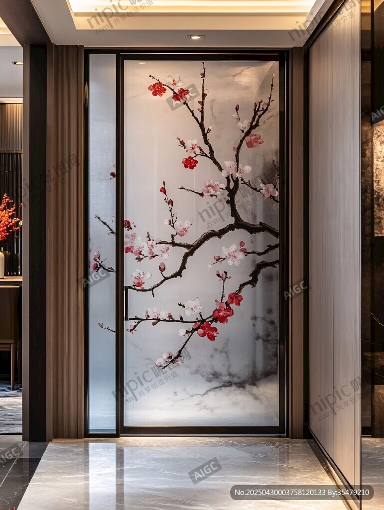 中式玄關(guān)梅花藝術(shù)玻璃