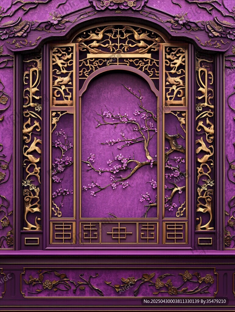紫金色中式雕花門窗圖案