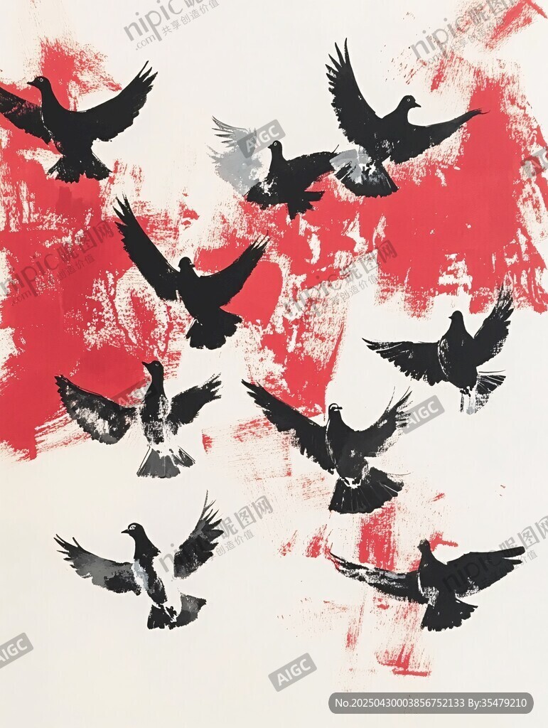 群鳥于紅背景中展翅高飛