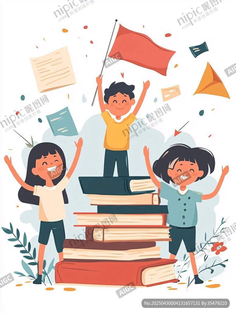 孩子們在書堆旁歡呼慶祝
