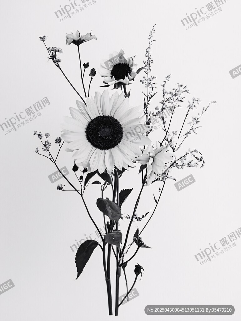 黑白向日葵花卉靜物圖