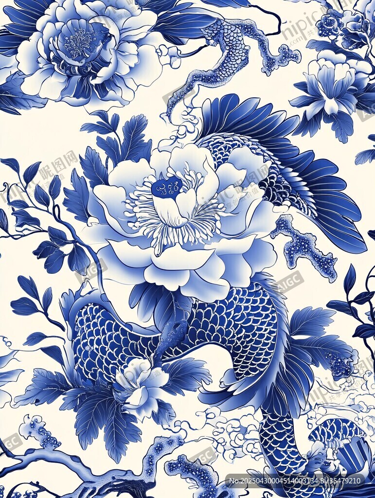青花龍鳳牡丹圖紋圖案