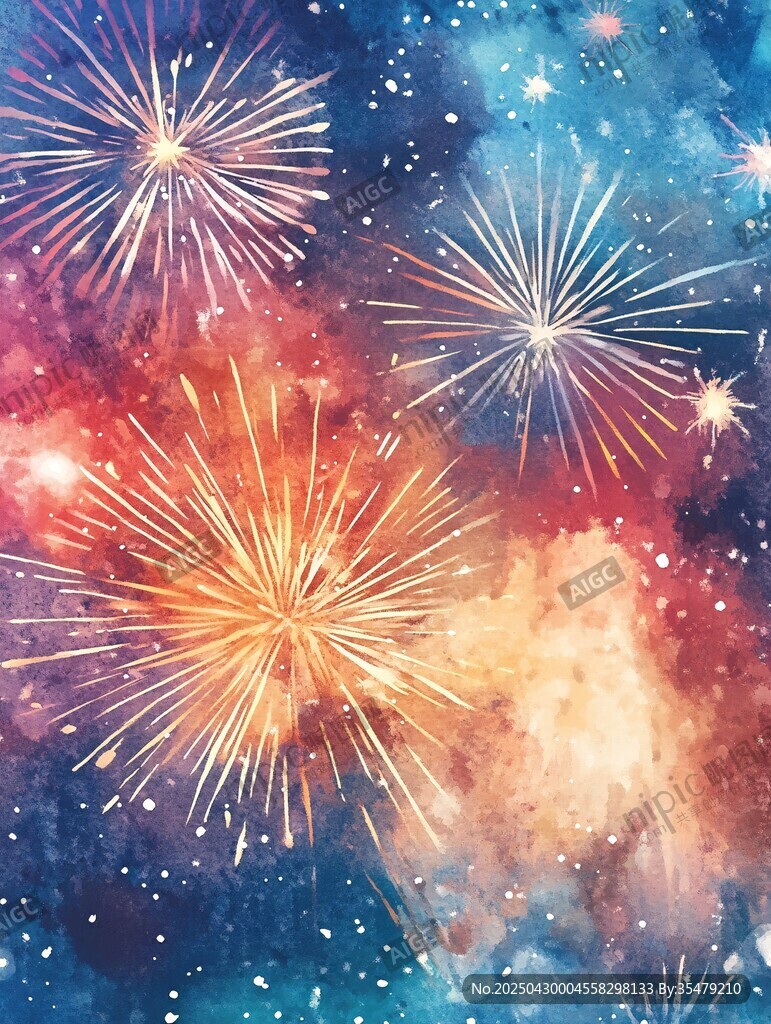 夢幻水彩煙花夜空景象