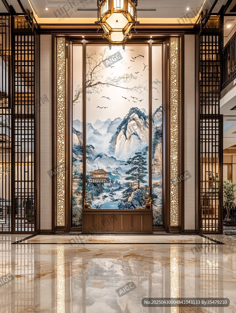 中式大堂山水屏風(fēng)裝飾美