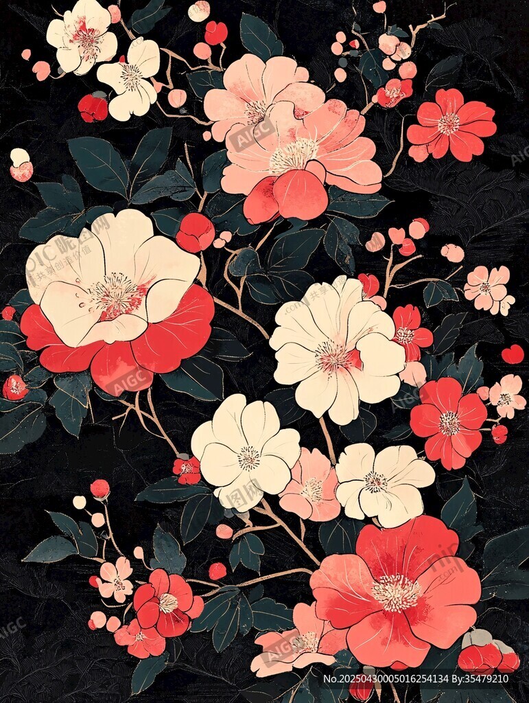 復(fù)古花卉圖案 黑色背景花卉