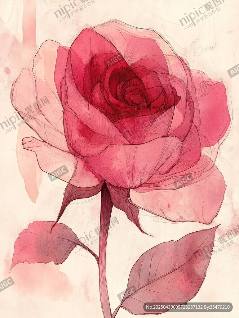 夢幻水彩風(fēng)單枝紅玫瑰