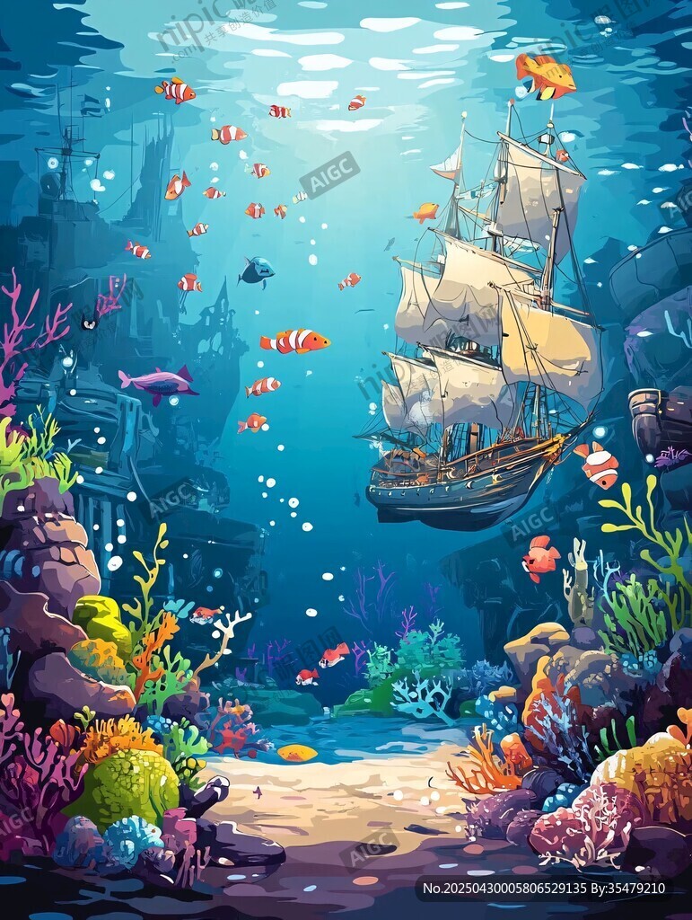海底奇幻景象中的古老帆船