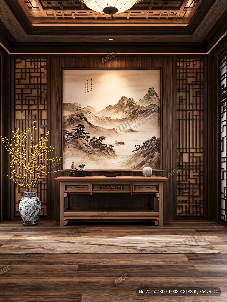 中式典雅客廳山水裝飾景