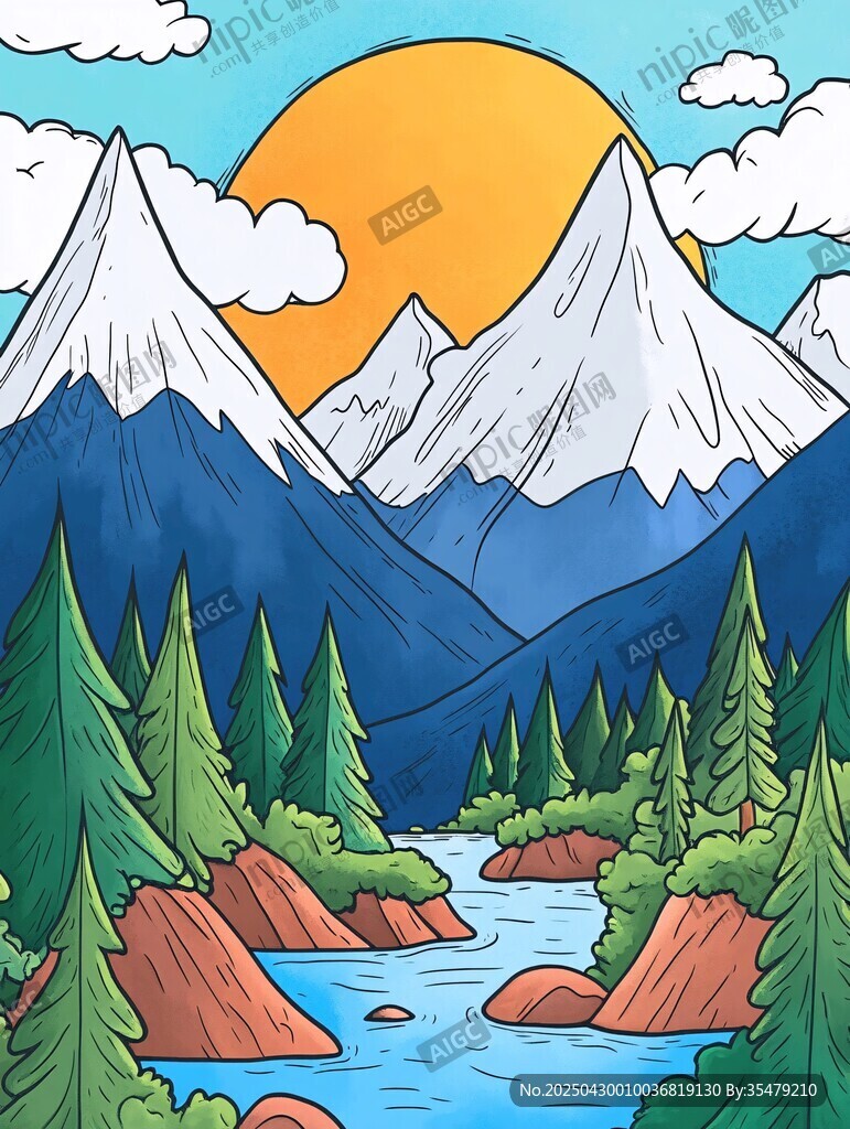 山間溪流映夕陽美景