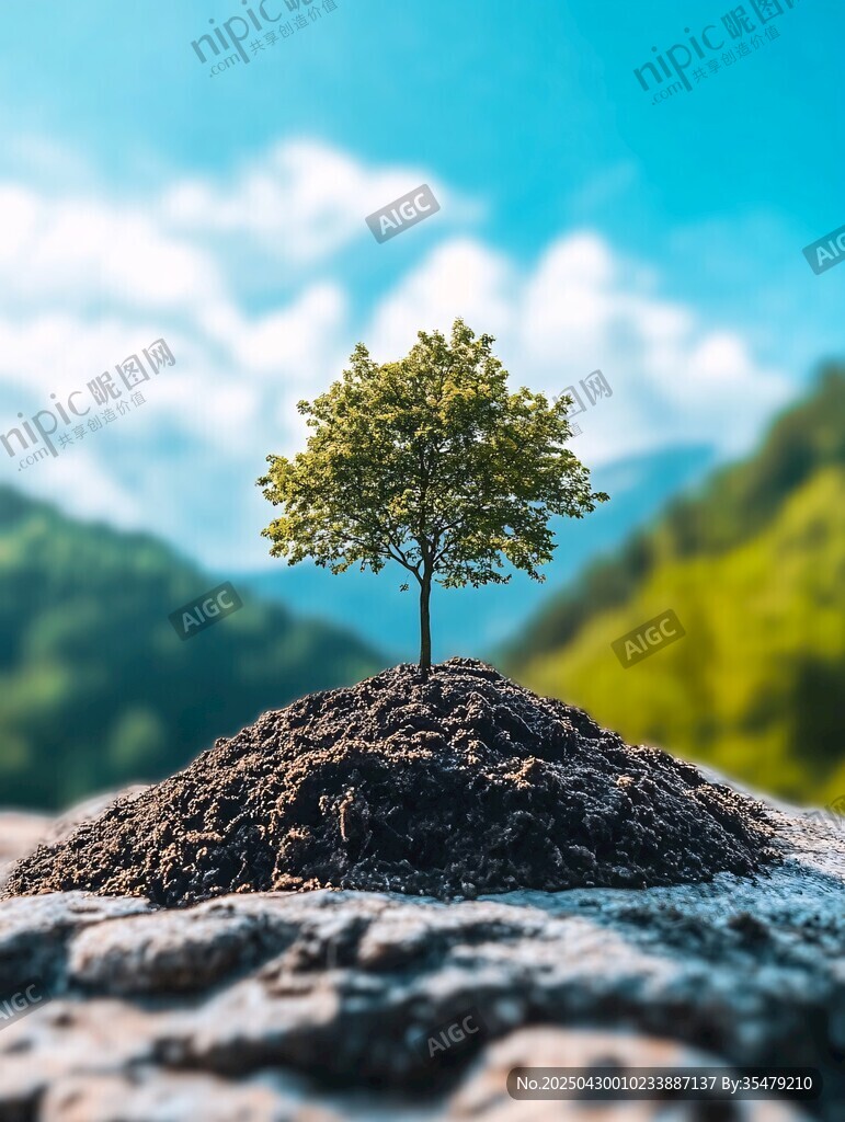 孤樹挺立在石上的自然景