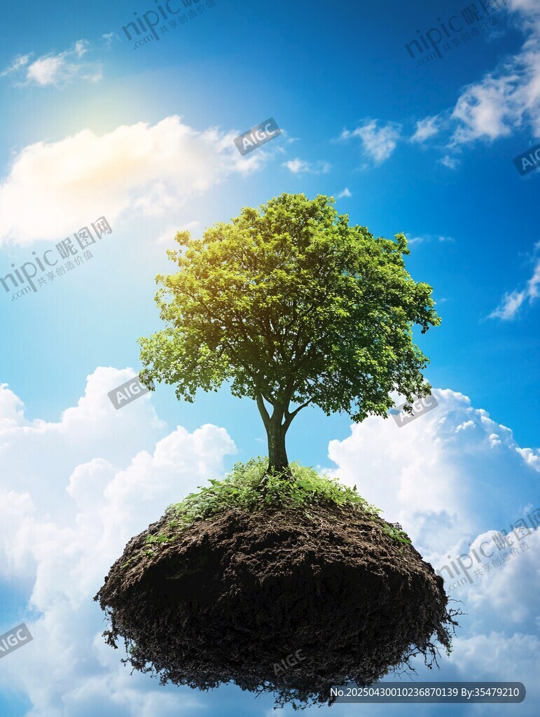 懸浮綠樹下的奇幻天空景象