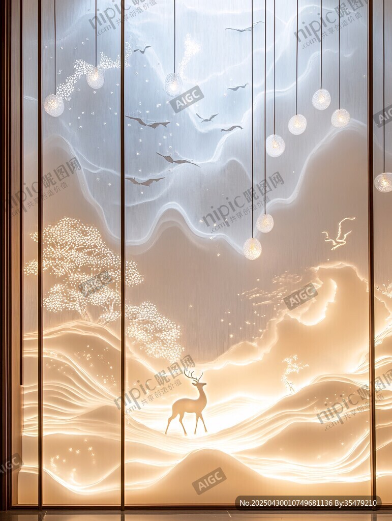 夢幻山水間的靈鹿圖景