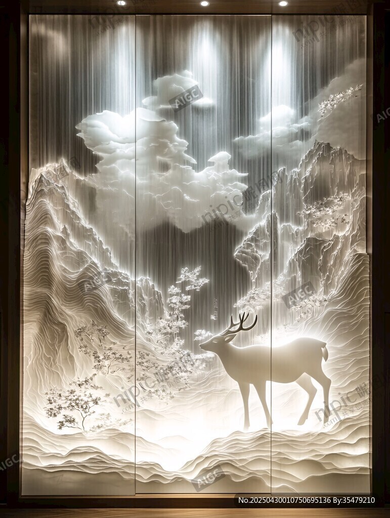 中式山水麋鹿藝術(shù)浮雕