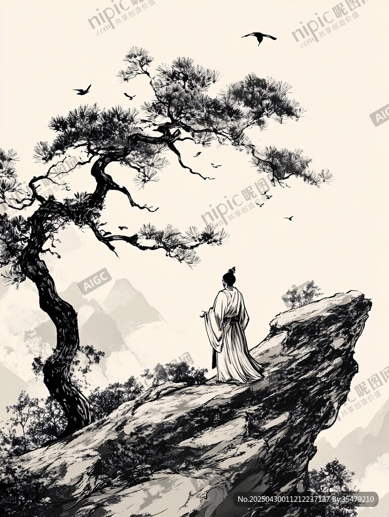 崖邊雅士賞松觀飛鳥