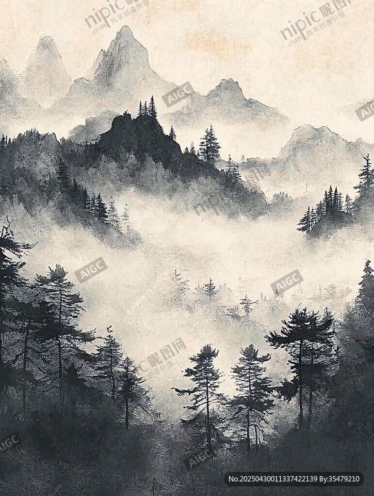 水墨山林間 云霧繞青松