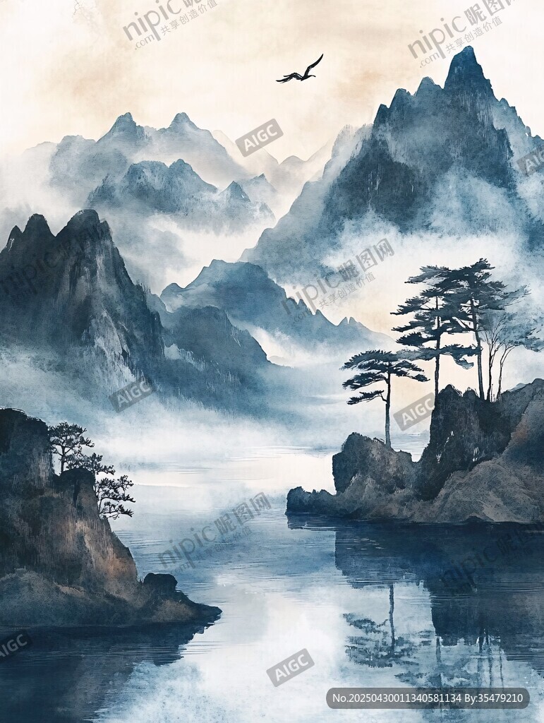 水墨山水間飛鳥伴松景