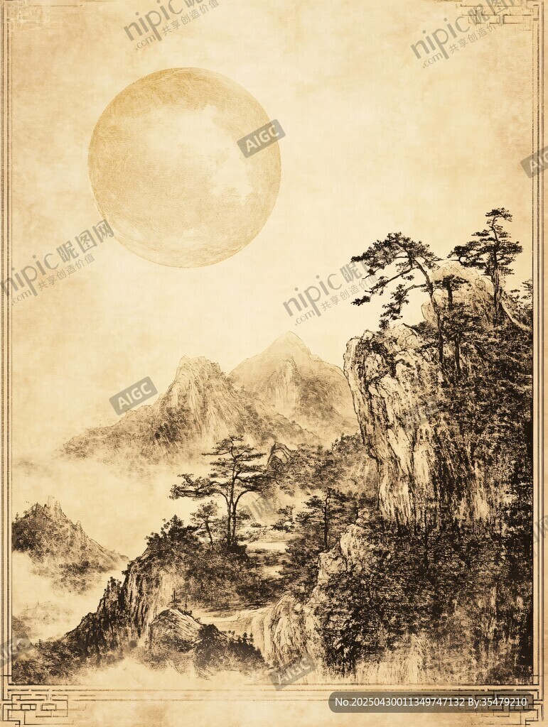 月夜山巒水墨圖