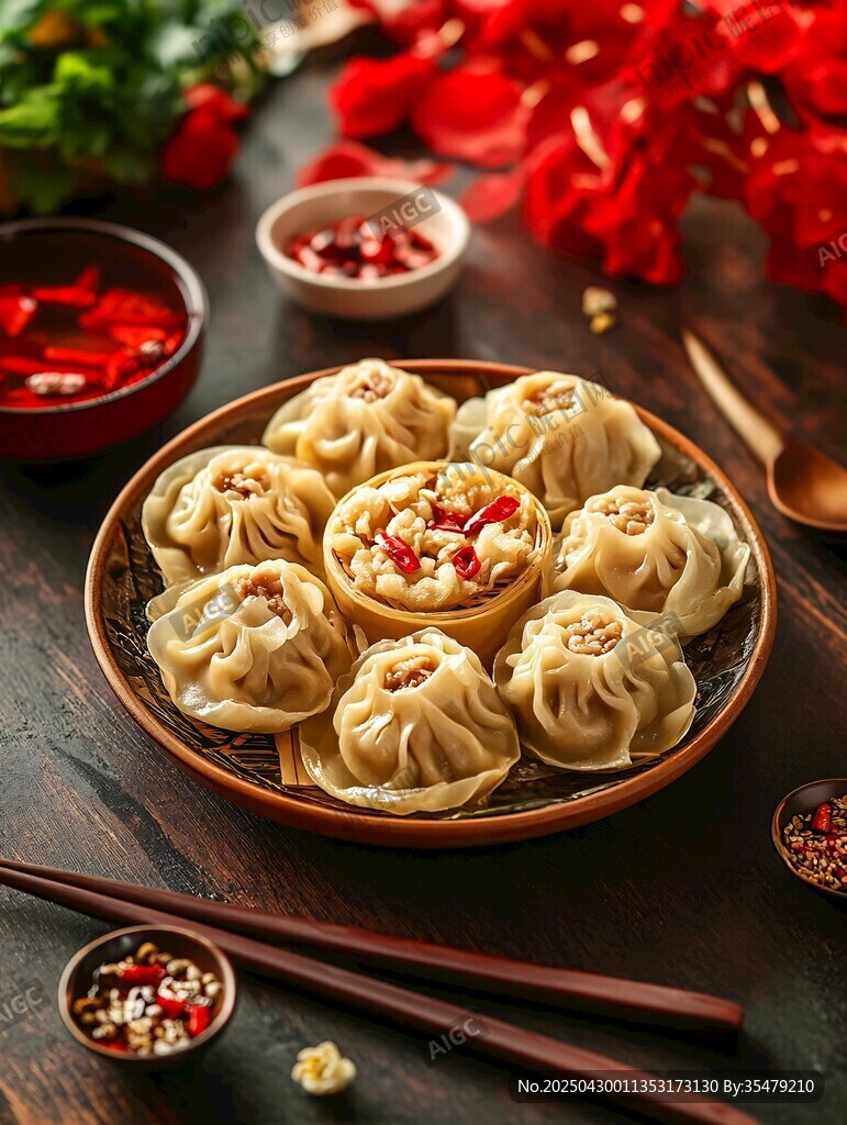 美味蒸餃擺于精致盤碟間