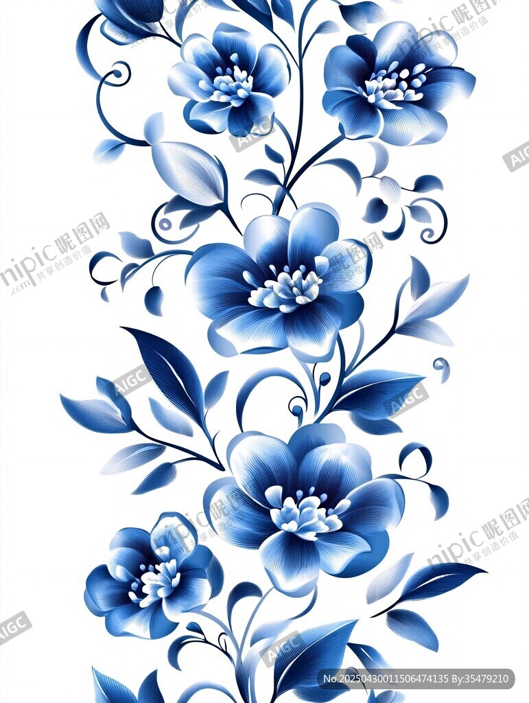 藍(lán)白花卉垂直圖案精美設(shè)計(jì)