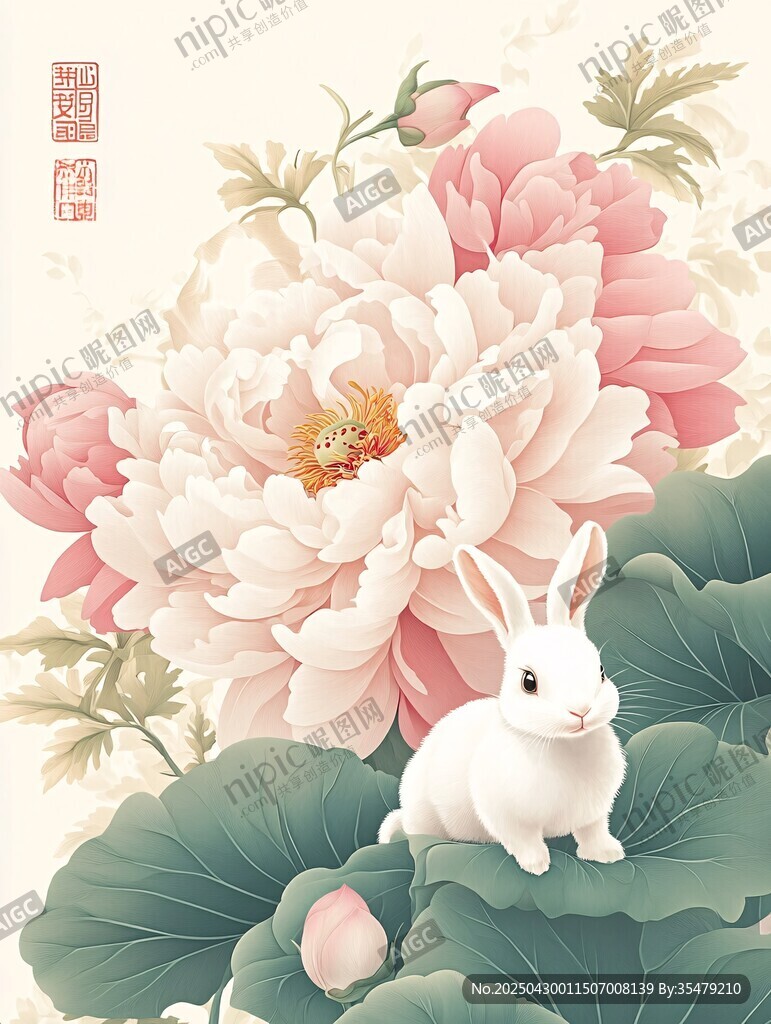 玉兔伴牡丹 祥瑞之景