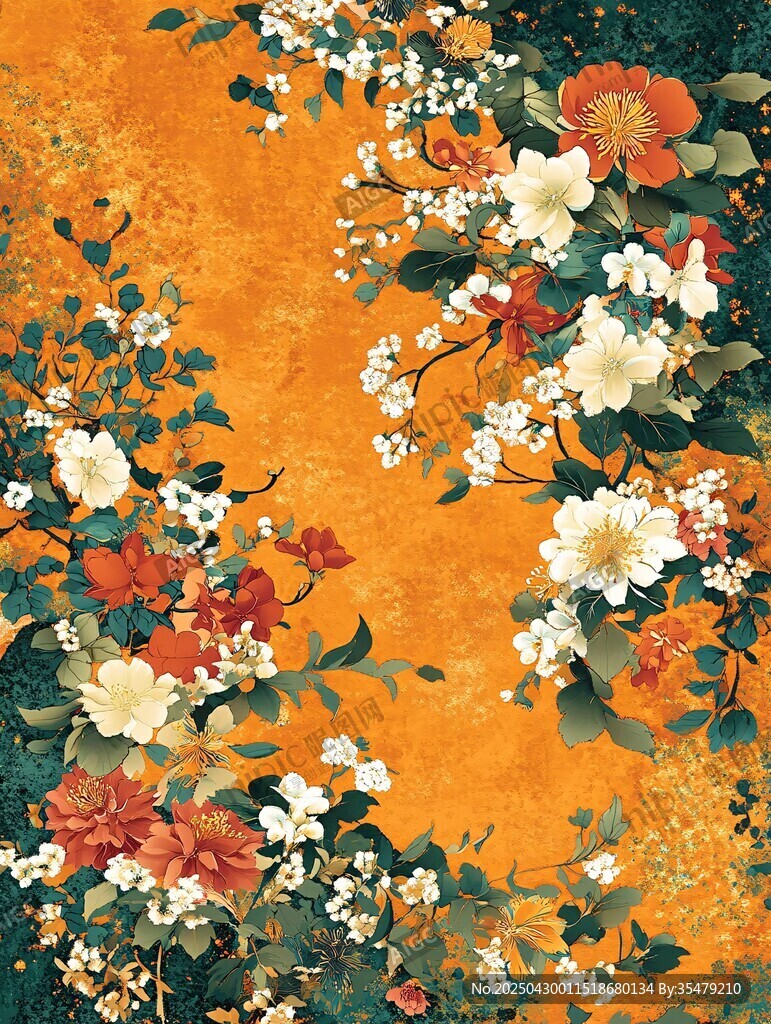 橙底繁花圖