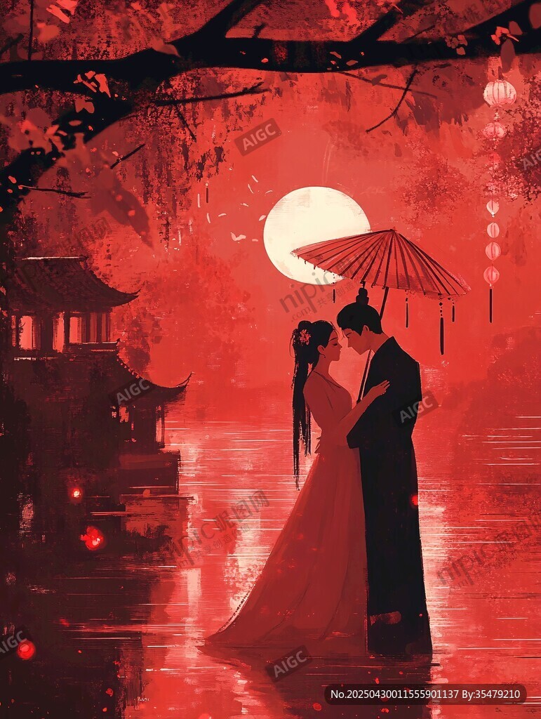 月下古風(fēng)情侶相依傘下