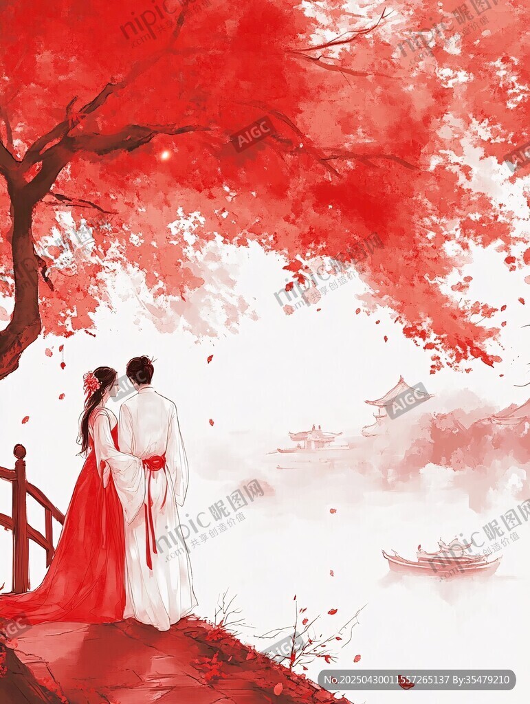 紅葉下的古裝情侶浪漫相依