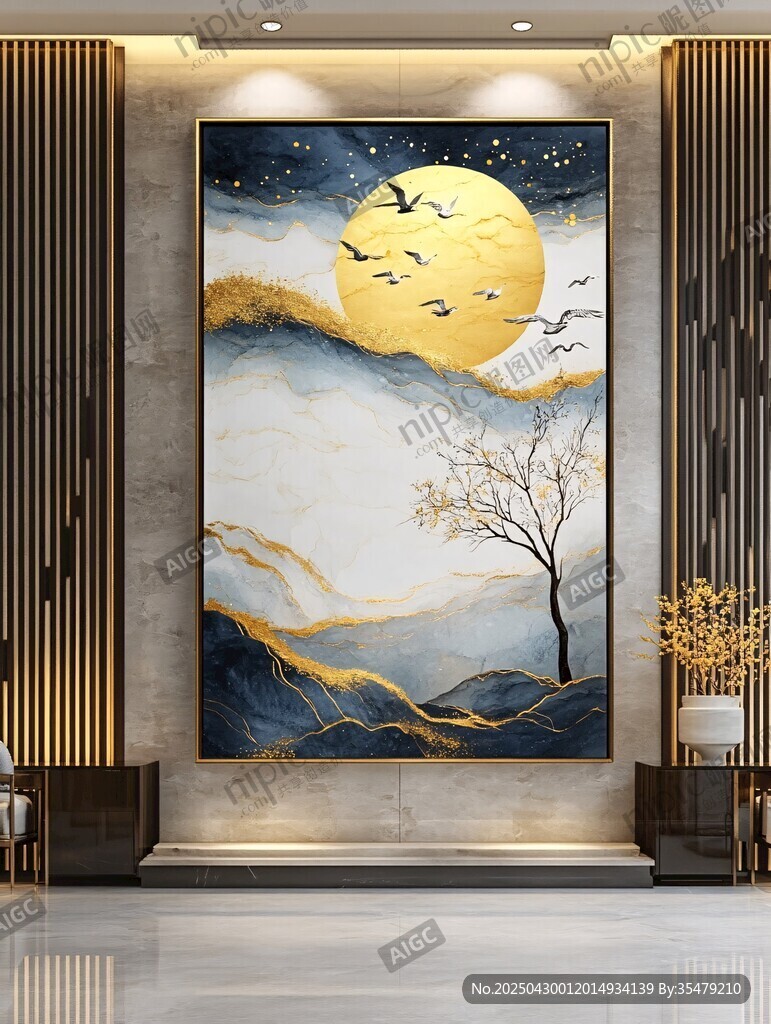 中式山水月夜飛鳥裝飾畫