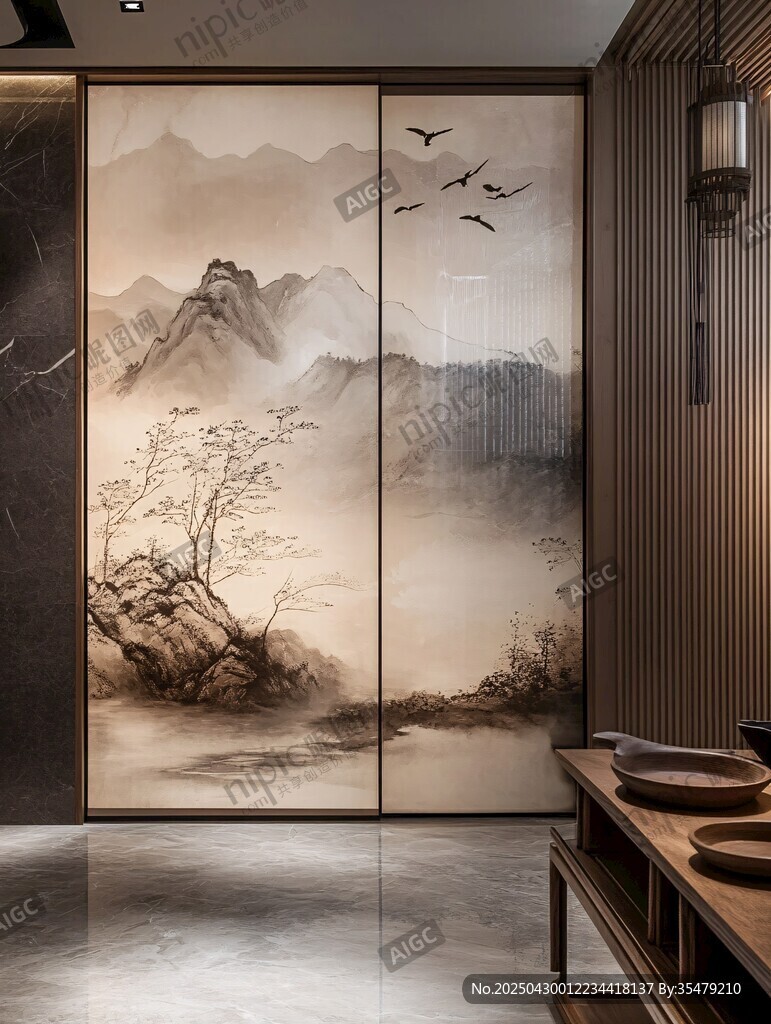 中式山水風(fēng)移門室內(nèi)景致