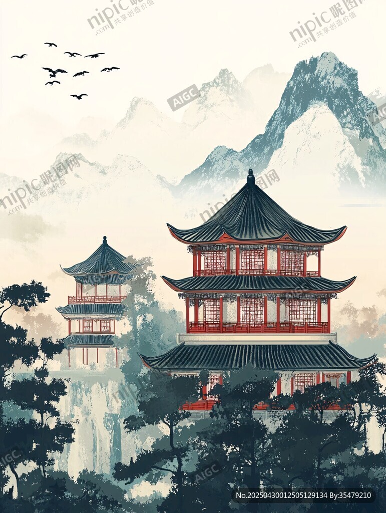 古風山水間的中式樓閣