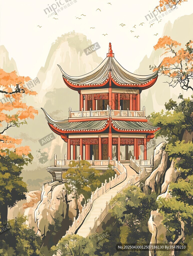 山間古亭映秋景