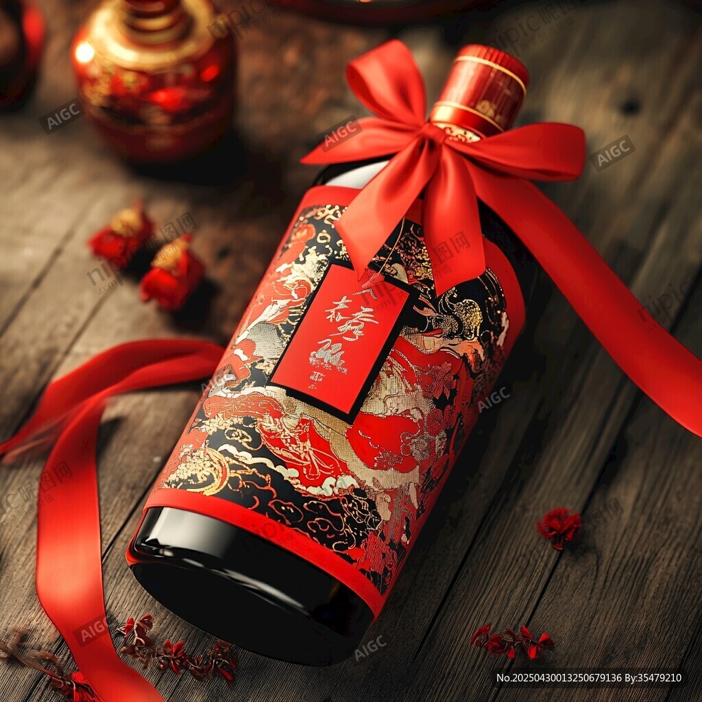 中式喜慶酒瓶 龍紋紅綢裝飾