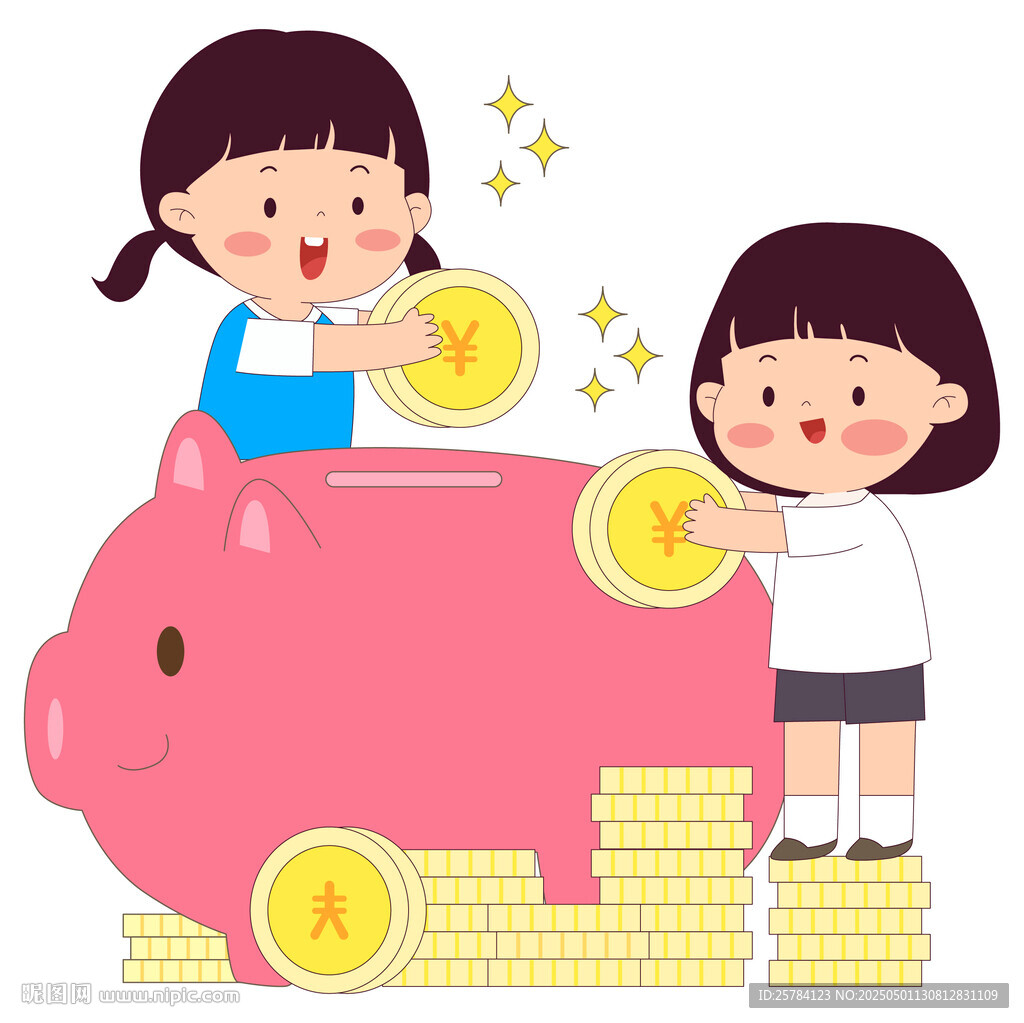 兒童小豬儲錢罐金幣理財教育插畫
