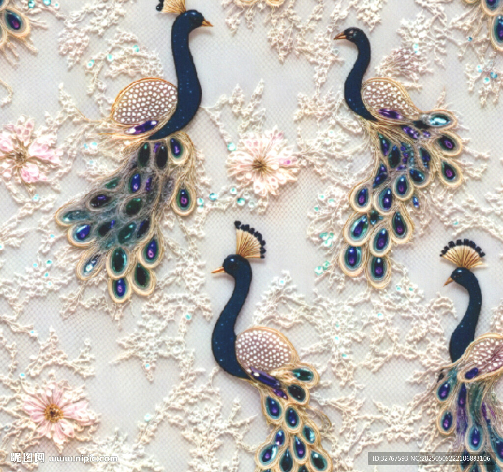 刺繡孔雀花卉