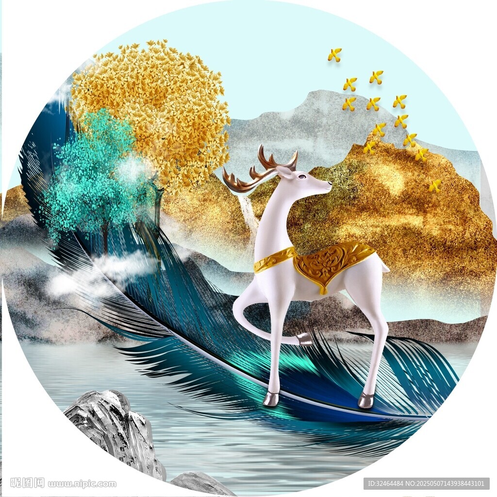  圓形抽象麋鹿金山畫