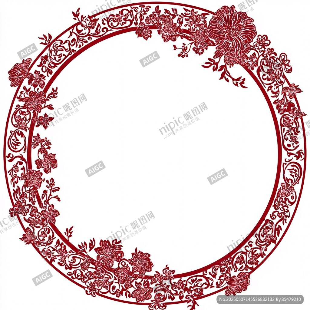 中式紅色雕花圓形裝飾框