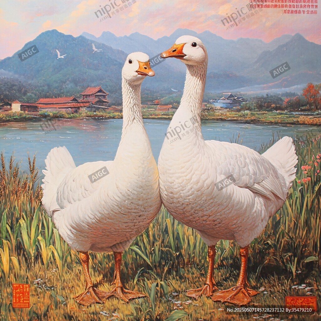 田園雙鵝圖