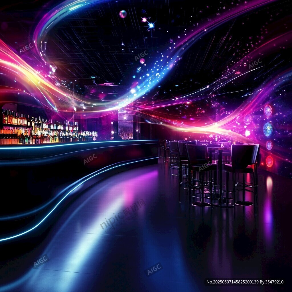 夢幻炫彩的未來感酒吧場景