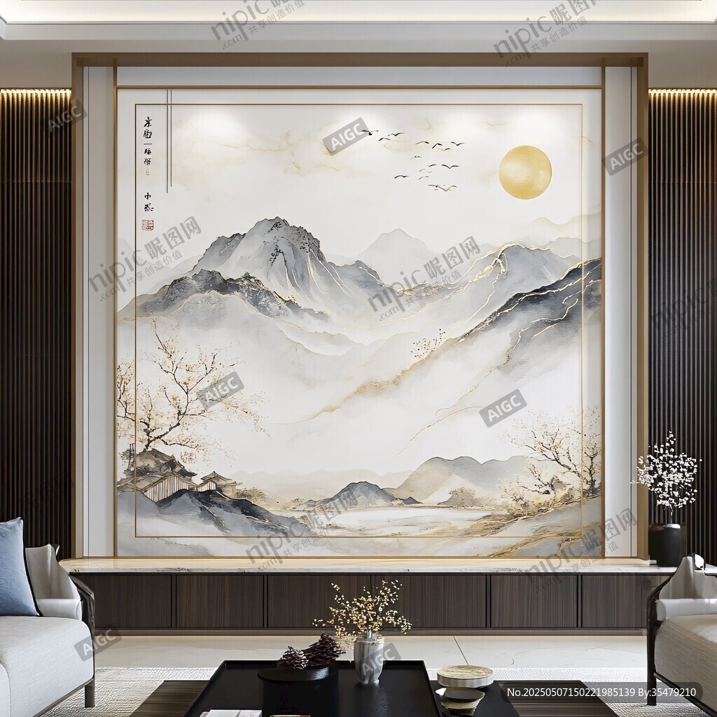 中式山水客廳壁畫裝飾畫