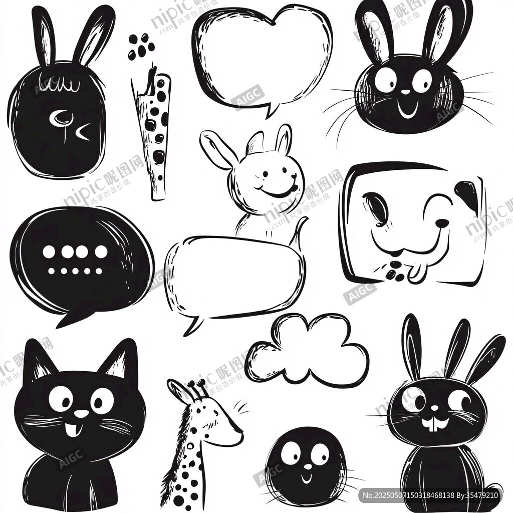 可愛動物與對話氣泡插畫