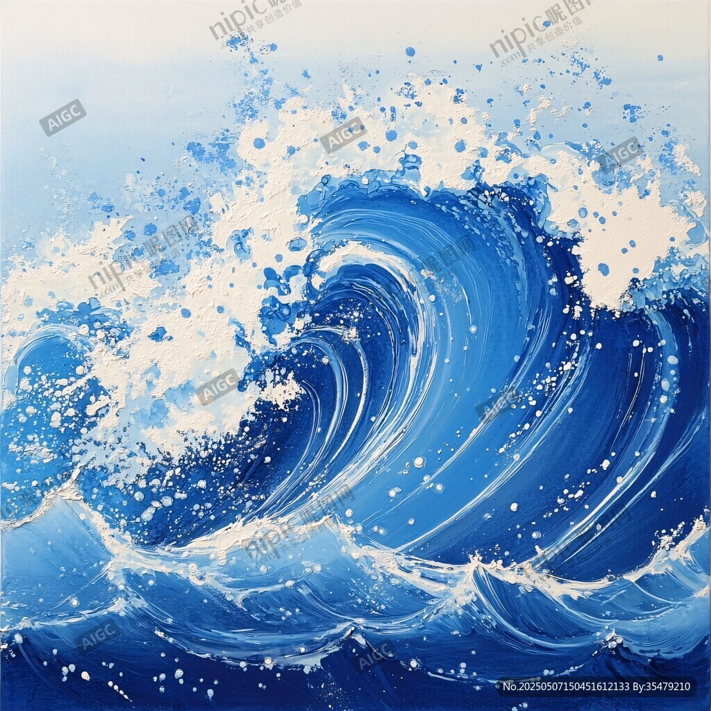 藍色洶涌海浪藝術插畫