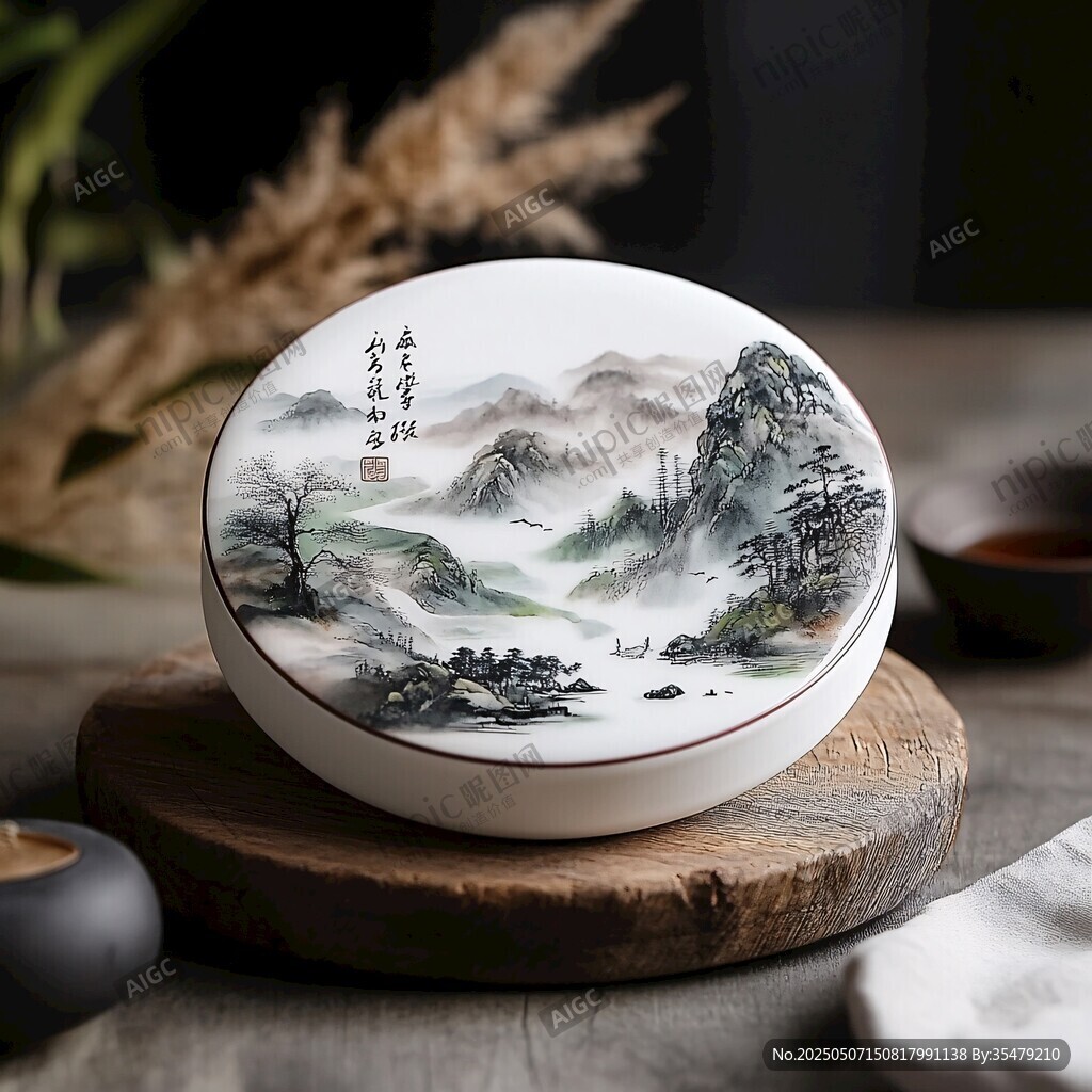山水彩繪陶瓷盒古韻雅致