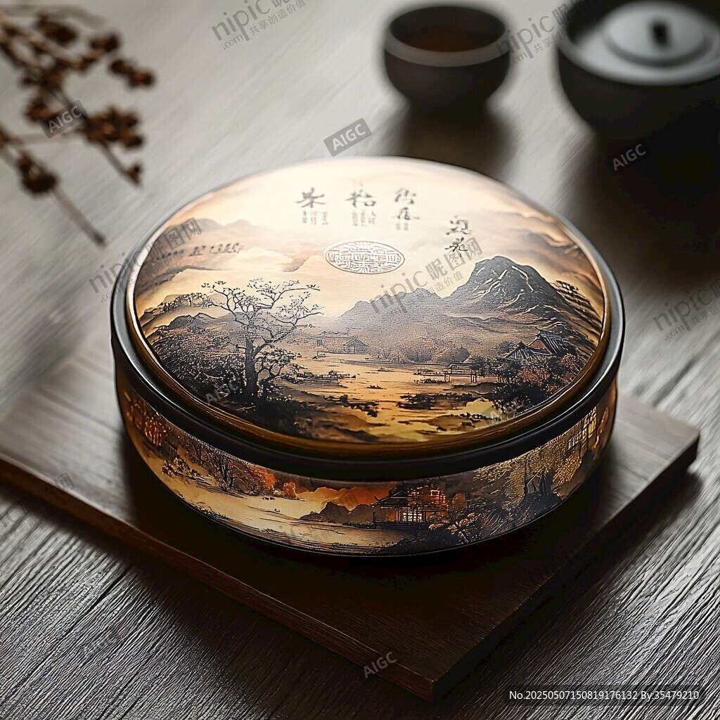 中式山水圖案精致茶盒
